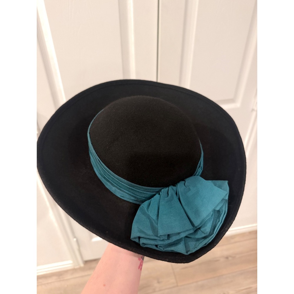 Toucan New York Los Angeles Black Wool Wide Brim Hat Teal Blue Bow Made in USA